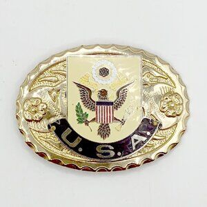 Gold Tone Oval Belt Buckle Raised Eagle w/Arrows & Olive Branch, Scalloped Edge